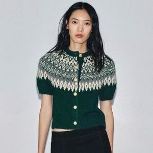 Zara Dark Green Fair Isle Short-Sleeve Cardigan with Cream Accent